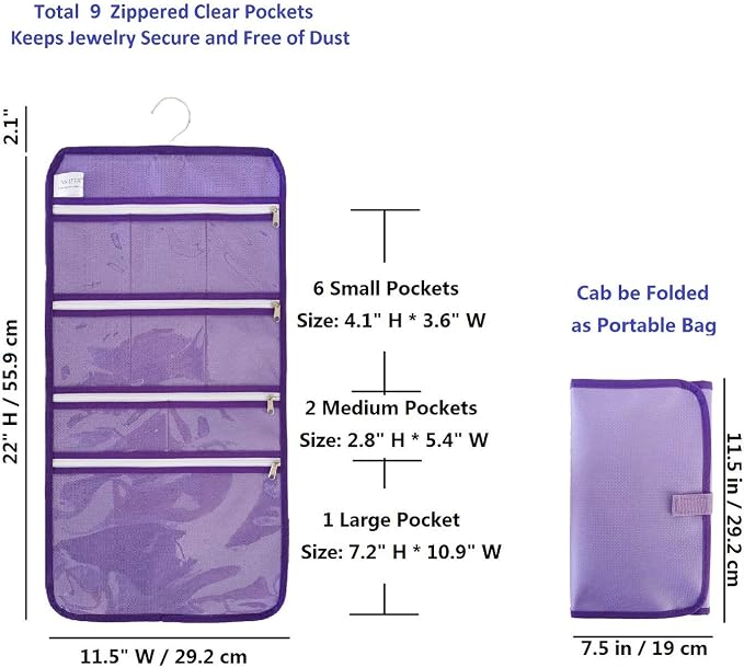 Travel Foldable Jewelry Rolls Bag Hanging Jewelry Organizer with 9 Zippered Clear Pockets Storage Pouch with Rotatable Hanger (PURPLE)