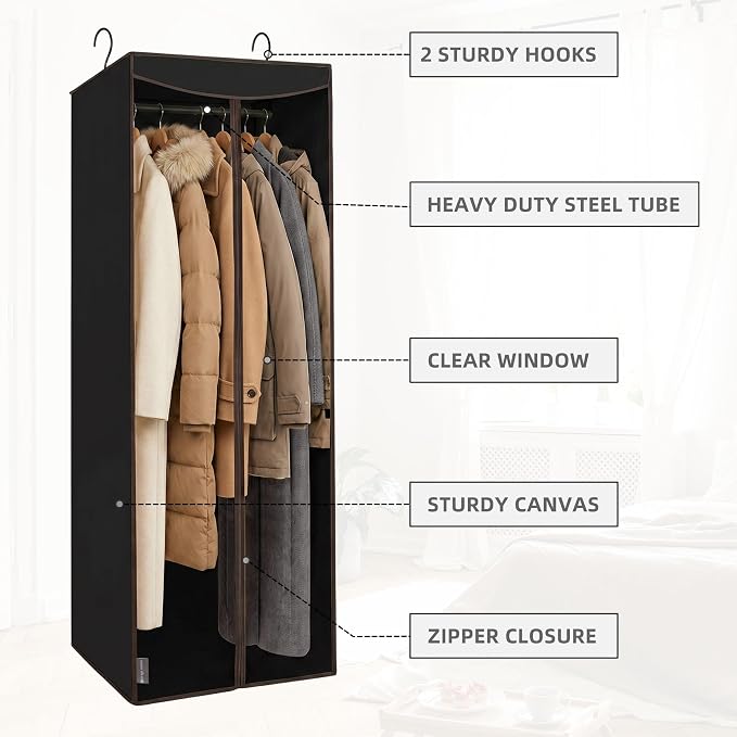 STORAGE MANIAC 57" Hanging Garment Bag Zipper Cover with Sealed Clear Window, Long Garment Cover for Closet Storage Wardrobe Clothes Protector, Large Garment Storage Bag for Dresses, Black，2-Pack