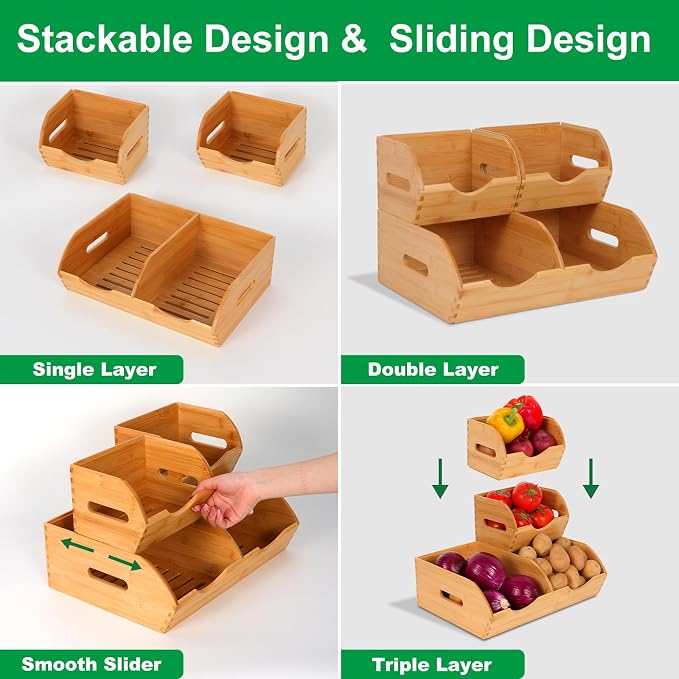 Bamboo Pantry Organizer Bins, Countertop Storage Container for Onion and Potato, Upgraded Airflow Design Keeps Fruits and Vegetables Fresh, Multi-Purpose for Kitchen, Snack Storage, Bathroom(3 Pack)