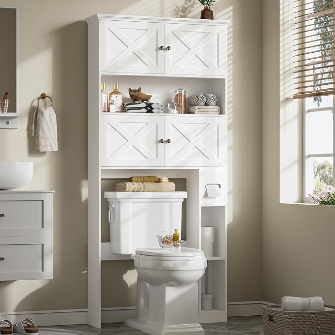 Halitaa Over The Toilet Storage Cabinet with Doors & Paper Holder, White | Halitaa Farmhouse Toilet Shelf Home Space Saver with 4 Barn Doors & Toilet Paper Holder Stand for Restroom, Bathroom, Laundry