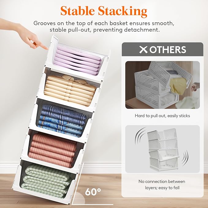 Lifewit 4 Pack Stackable Closet Storage Organizers for Clothes 16.5" Depth | Plastic Stacking Sweater Storage basket Bins for Wardrobe, Multifunctional Pants Organizer for RV, Pantry, Kitchen, Dorm