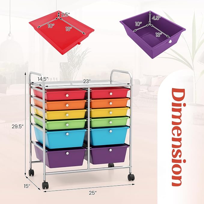 DREAMADE Rolling Cart with Storage Drawers, Utility Cart with Removable Plastic Drawers, Lockable Wheels, Art Cart for Classroom Organization Art Supplies Office Scrapbook (‎12 Drawers, Multi-color)