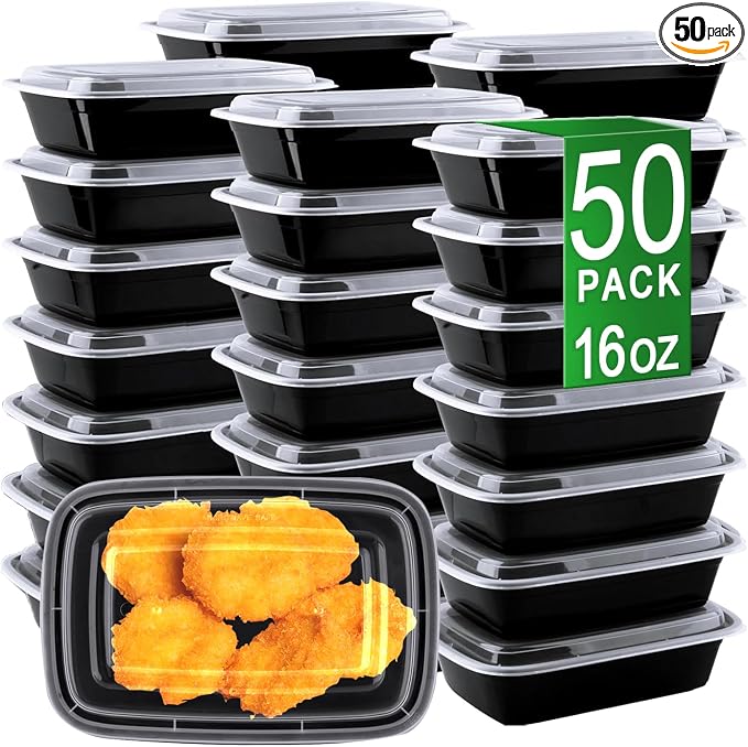 Meal Prep Containers, 50 Pack 16oz (100-Piece) Disposable Take Out Food Storage Containers with Leakproof Lids, Reusable Plastic To Go Lunch Boxes, BPA Free, Microwave/Dishwasher/Freezer Safe