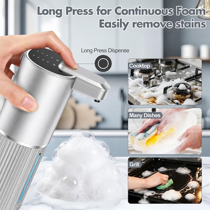Automatic Soap Dispenser, Foaming Soap Dispenser Touchless with Continuous Dispensing, 4-Level Adjustable, Rechargeable Hand Soap Dispensers, Wall Mounted or Countertop for Bathroom & Kitchen