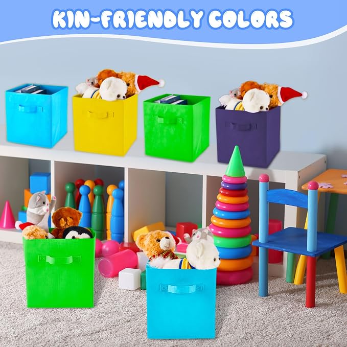 Yinder 12 Pcs Cube Storage Bin Rainbow Colored 10.5''x10.5''x11'' Storage Bins for Kids Classroom Decor Colorful Bins Foldable Baskets for Playroom Nursery Organizer Fabric Boxes