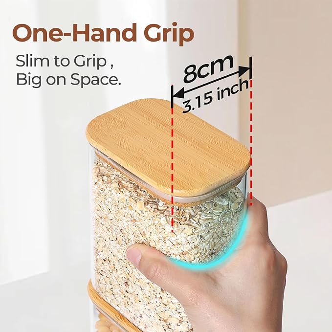 ComSaf Glass Storage Containers With Lids 2 Qt, Set of 3 Cereal Containers | Rectangle Pantry Storage Container, Jar With Bamboo Lid, Glass Cereal Dispenser, Kitchen Storage Flour, Sugar, 64oz, BPA Free