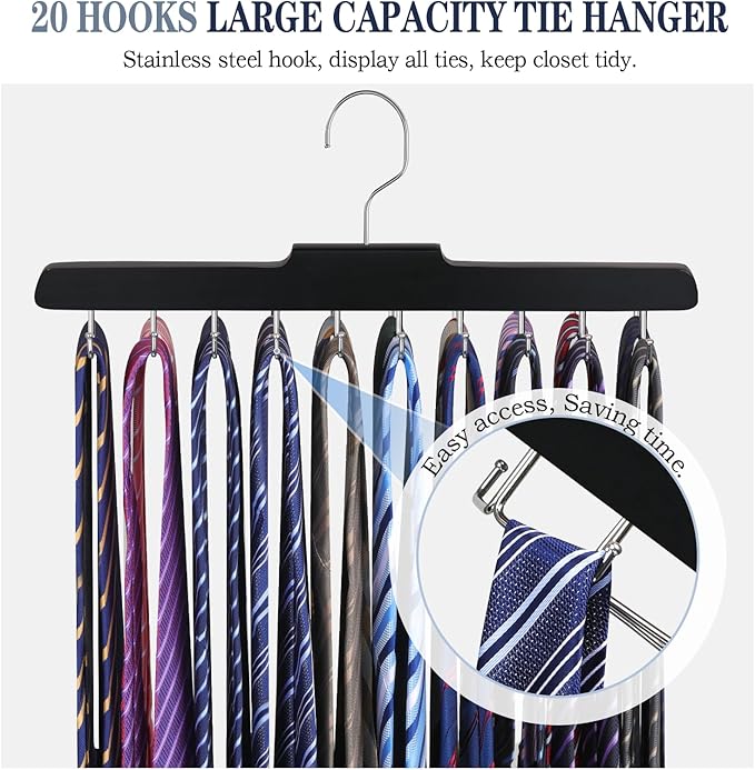 Tie Rack Hanger for Closet, Upgraded Tie Holder Organizer for Men, Black | Non Slip Neck Tie Organizer with 20 Foldable Hooks, Belt Hanger Space Saving, Fits for Tank Tops Bras Cami Scarves