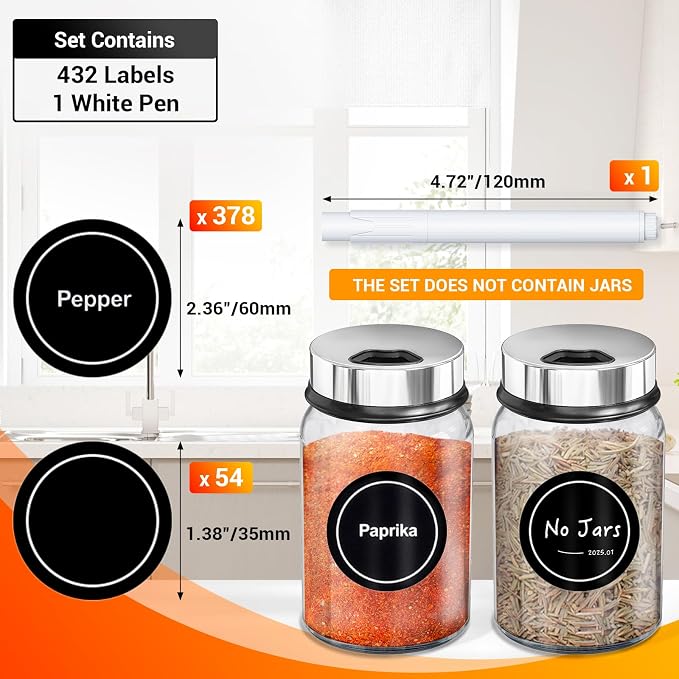 Segarty Preprinted Spice Labels, 432 Round Black Printed Pantry Labels and Blank Stickers with 1 Chalk Marker Set, Reusable Write-on Stickers for Spice Jars Rack, Food Containers, Seasoning Bottles