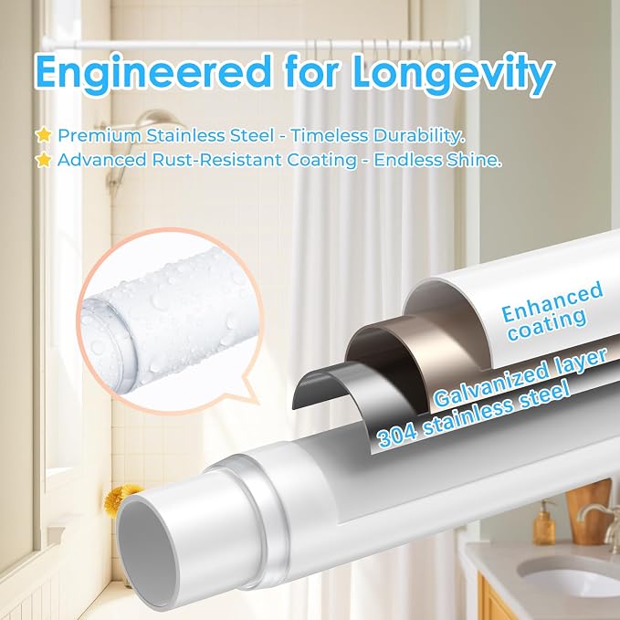 AIZESI Tension Shower Rod 29-63 Inch, 1 Inch Diameter White Tension Curtain Rod Adjustable Curtain Rod Non-Drilling, Anti-Slip Tension Rod, Anti-Rust Shower Curtain Rod