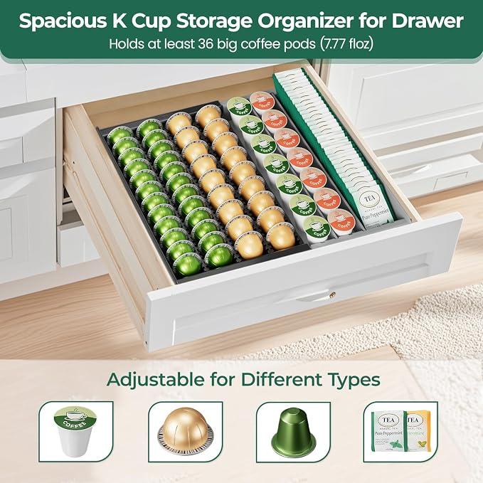 EsLuker.ly K Cup Coffee Pod Holder Organizer, Plastic Coffee Tea Drawer Insert for Counter, Expandable Storage Tray Compatible with Nespresso Vertuo Capsules, Customizable for Various Pod Sizes