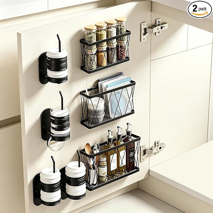 7 Pack Adhesive Multi Size Pantry Door Organizer,3 Cabinet Door Organizer + 4 Cup Lid Holders,Lid Organizers Inside Cabinet Food Container and Storage Cup Lids Holder Kitchen Cabinet Storage