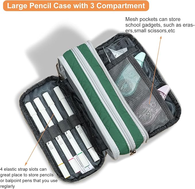 Della Gao Large Pencil Case, Big Capacity Pencil Pouch with 3 Compartments, Office Pencil Bag with Zipper, Big Pen Case for Adults (01-3ALLG)