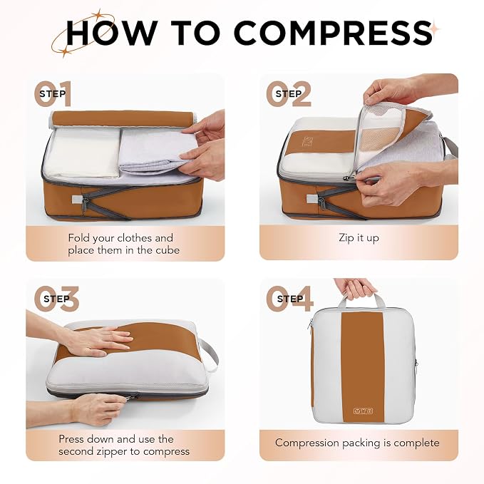 OlarHike 10 Set Compression Packing Cubes for Travel Essentials,Compressible Expandable Space Saver Bags for Organizing Clothes,Luggage Suitcase Garment Bags with Over 1000 pcs Mesh Holes(Brown)
