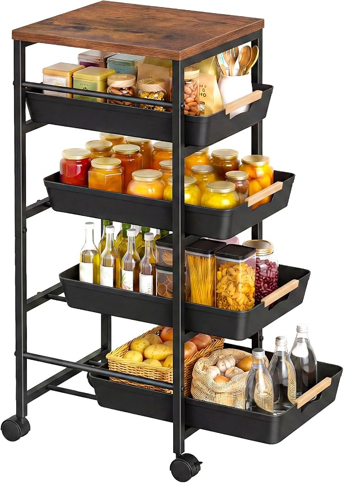 Pipishell Rolling Storage Cart with Drawers & Lockable Wheels, 5 Tier Kitchen Cart with Safety Stops & Vented Design, Wood Top, Pull-Out Utility Cart for Kitchen, Home Office, Bedside, Black