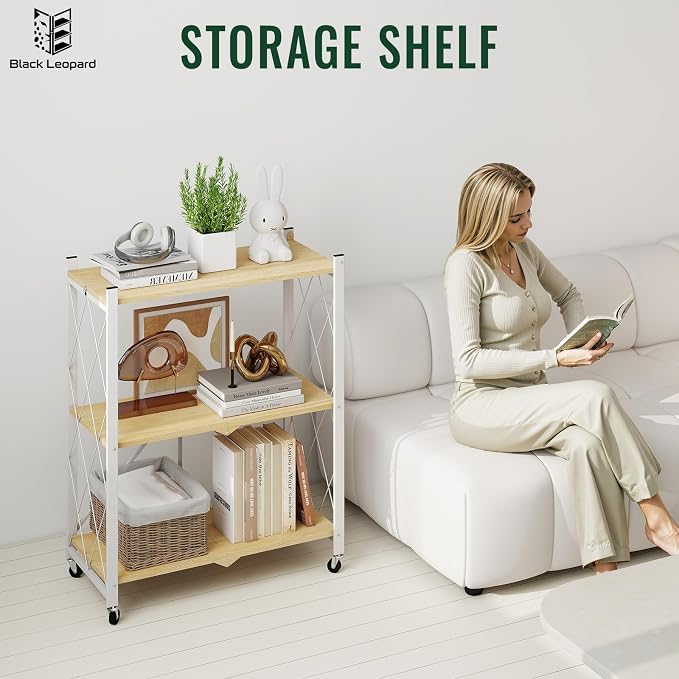 black leopard 3-Tier Foldable Shelf with Wheels, Wood-Grain Steel Shelves | Pre-assembled frame unfolds in seconds with tool-free wheel setup for fast, convenient use.