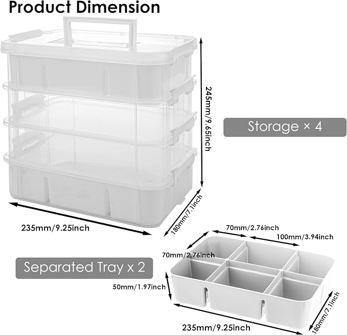 CraftGenes Sewing Storage Organizer, 4-Tier 10 Qt Box with 2 Trays, White | Clear Compartments; Dual Removable Inserts; Carry Handle; Side Latches; Thread, Bobbins, Needles, Beads, Notions