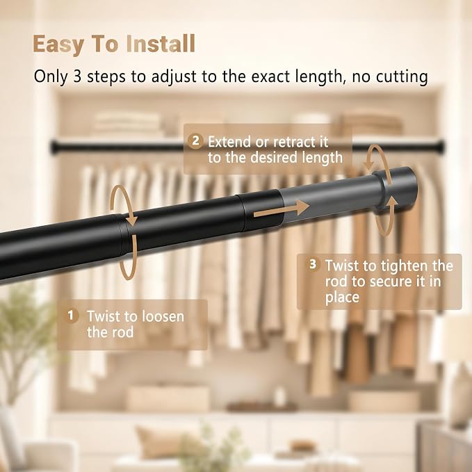 Closet Rod Adjustable 17 to 28 Inch, 1-1/4” Diameter, Closet Rods for Hanging Clothes, Stepless Metal Heavy Duty Hanging Rod for Closet Wardrobes Laundry RV (Black)