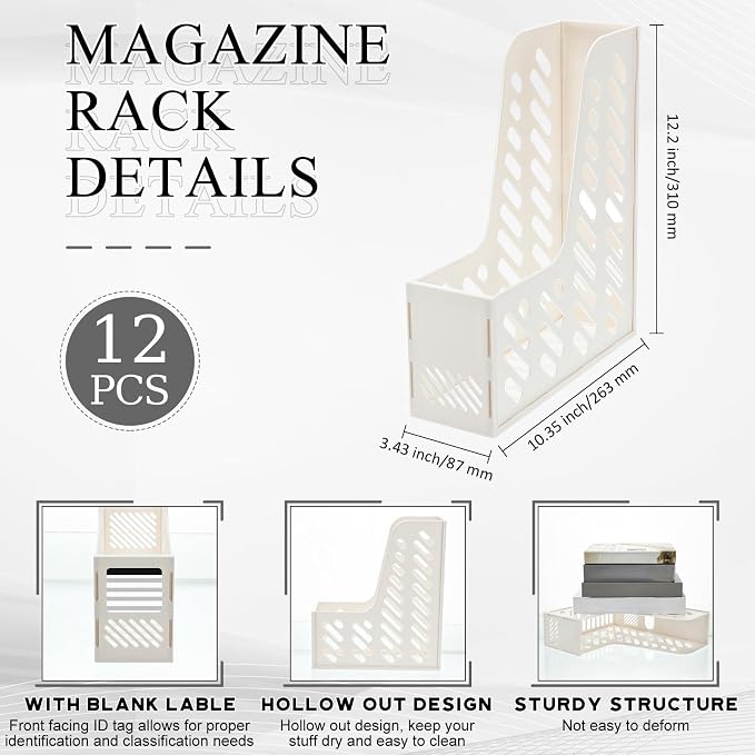 Glenmal 12 Pack Magazine Organizers Binder Organizer for Desk Plastic Vertical File Holder Magazine Racks Desk Accessories for Office, Home, or School (White)