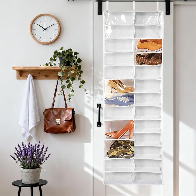 Hoodie Sweatshirt Storage Organizer, Over the Door Sweatshirt Organizer, 26-Pocket Clear Holder, Pockets Wall Shoes Bag, Portable Closet Wardrobe,63"L X 22"W X 6.3"H,Cabinet Behind The Doors (White)