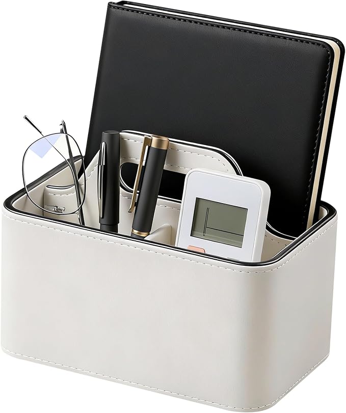 PU Leather Remote Control Holder, Desk Caddy Organizer with Handle Beige | 3 Compartments Portable Remote Organizer, Remote Caddy Bedside Holder for Office Storage Supply Organizer