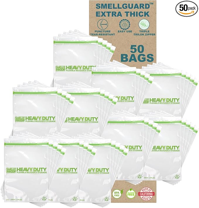 50 PACK, Heavy Duty 5mil Thick REUSABLE Food Freezer STORAGE BAGS by Smelly Proof, Extra X-Large, US-Made, Non-Silicon, No PEVA, BPA FREE, Dishwasher-Safe, Triple Zip, XXL 2-Gallon 12" x 16" - 50 pcs