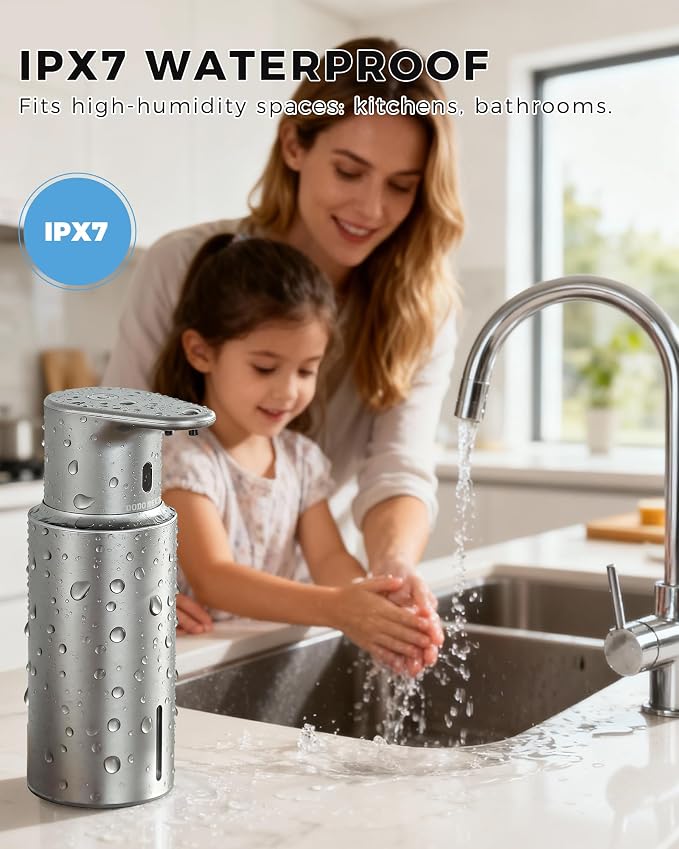 Automatic Foaming Soap Dispenser Touchless, 304 Stainless Steel Bottle Body | 16.2oz/480ml Rechargeable, 3 Adjustable Liquid Levels, IPX7 Waterproof, for Kitchen Bathroom, Stainless Steel