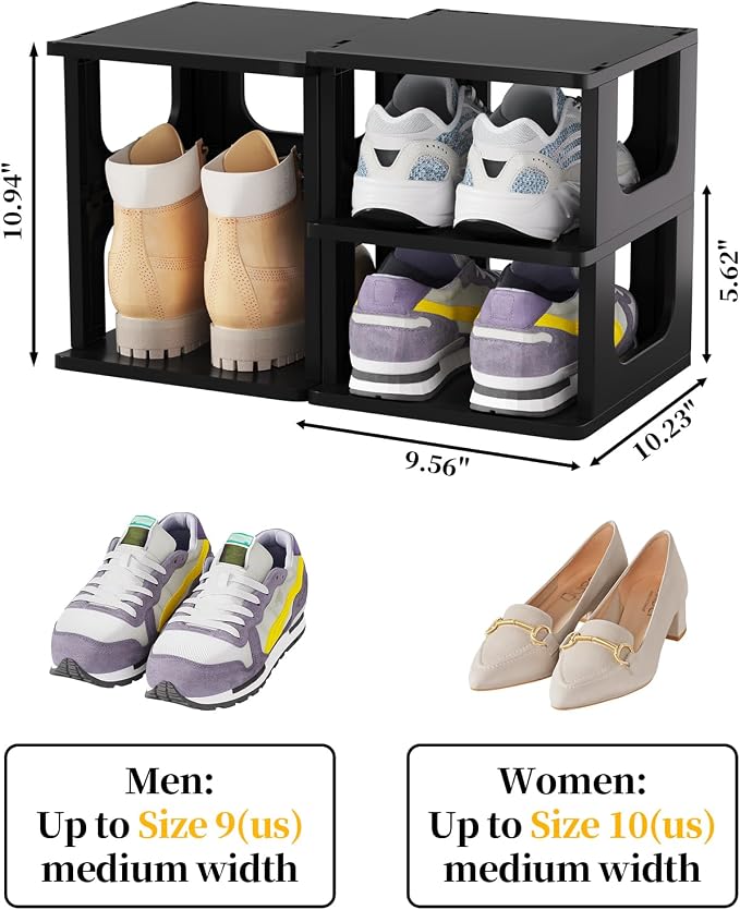 Stackable Small Shoe Rack for Closet 10 Tier - Remove Shelf for Boots | Easy tool-free assembly, sturdy stable structure, for small spaces, slim adjustable shoe rack saves space, modular design