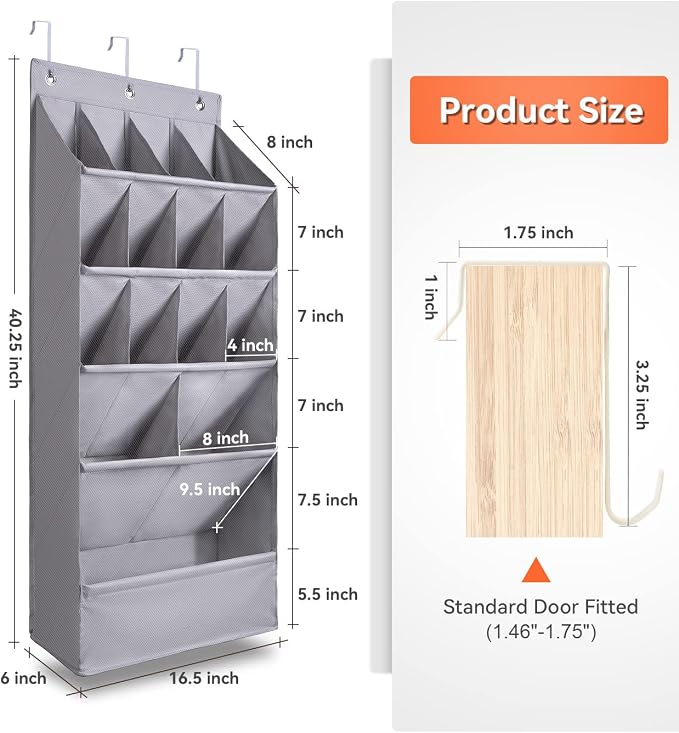 FENTEC 1 Pack Over-the-Door-Shoe-Organizers,Hanging Organizers with Large Pocket Shoe Holder Hanging Shoe Rack for Closet Shoe Organizer for Wall, Over Door Organizer with 15 Pockets Gray