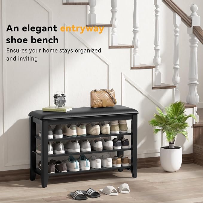 Taitiy Entryway Shoe Storage Bench, Shoe Organizer Bench for Entryway, Ideal for Hallways Front Doors Entrances Mudrooms Featuring Rubberwood and 3 Height-Adjustable & Removable Shelve