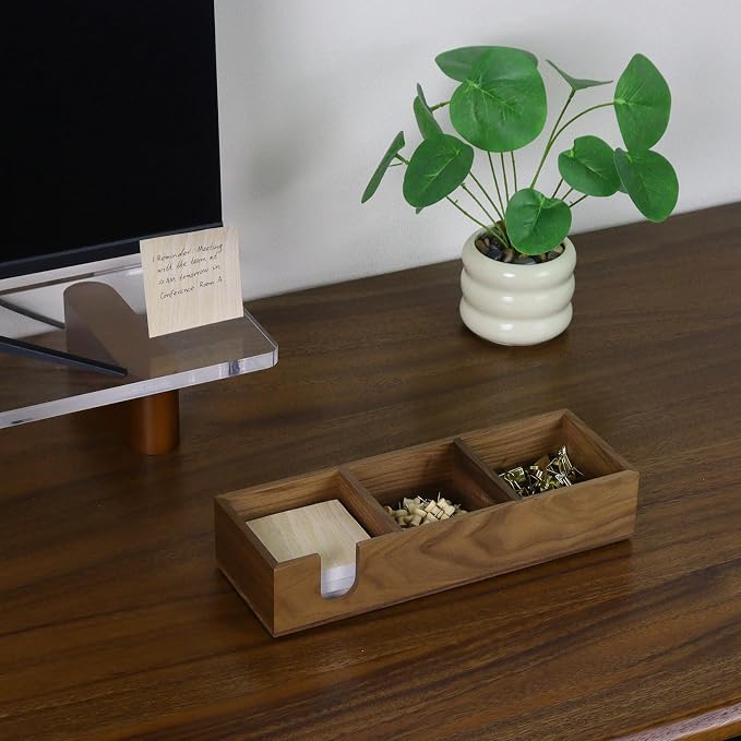 Buqoo Walnut Wooden Sticky Note Holder | 12" x 4.3" x 2.4" Self Stick Note Pads Holder Memo Pad Dispenser for School N Home Office Supplies