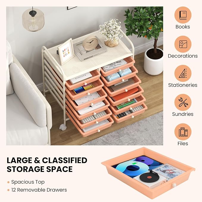 LDAILY 12 Drawer Rolling Storage Cart, Craft Cart Organizer on Wheels w/Metal Frame, Large Capacity & Smooth Drawer, Rolling Cart w/Drawers for Classroom, Office