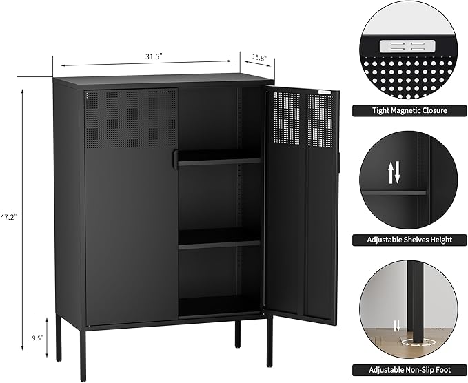 Ustamio Black Metal Storage Cabinet, Metal Locker Storage Cabinet with Doors and Shelves, 3 Tier Steel Office Storage Cabinet, Metal Sideboard for Home, Office, Kitchen and Coffee Bar