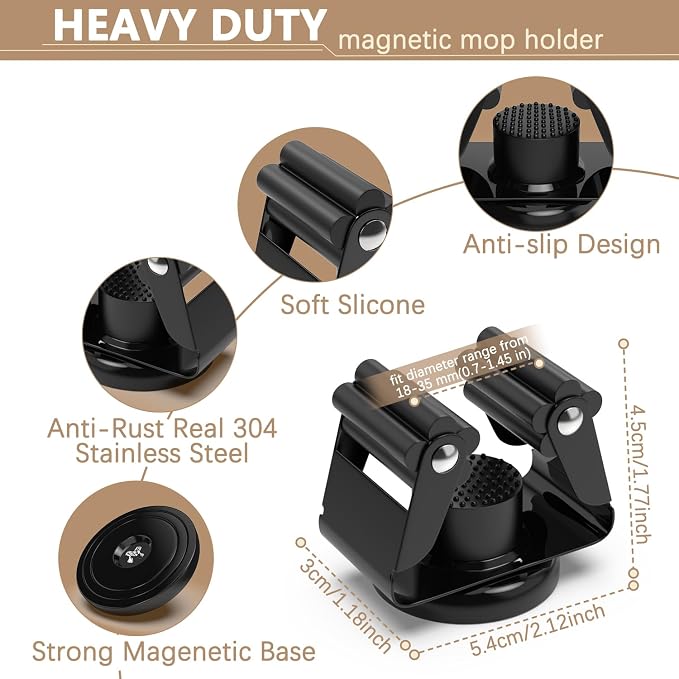 3-H Magnetic Broom Holder 8pcs, Stainless Steel No Drill Mop Holder Wall Mount with 4 Mini Magnetic Hooks, Movable Magnet Tool Organizer for Garage Laundry Kitchen Garden RV,Black