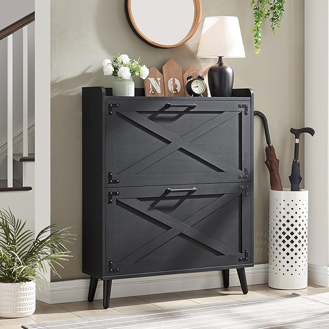 Barnyatoh Shoe Storage Cabinet, Farmhouse Shoe Organizer with 2 Flip Drawers & Barn Door Design, Freestanding Hidden Slim Narrow Shoe Rack Cabinet for Entryway, Foyer, Hallway, Black