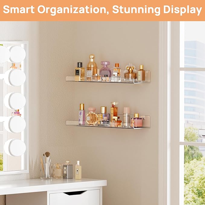 upsimples 2 Pcs 15" Acrylic Shelves for Wall Display and Storage, Clear | Transparent Design Highlights Skincare, Perfume, Easy-to-Find Versatile Floating Shelves for Bathroom, Bedroom and Playroom