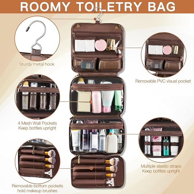 Elviros Hanging Toiletry Bag Removable Travel Bag PU leather Makeup Cosmetic Organizer Kit, Coffee | Removable Travel Organizer Bag for Cosmetics, Toiletries, Makeup Tools, and Daily Essentials with Easy Carry Design