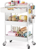 3 Tier Metal Rolling Utility Cart with Drawer & Pegboard - Multifunctional Storage Cart on Wheels with Tabletop, Hooks & Basket, Sturdy Craft & Art Cart for Bathroom, Bedroom, Children Room, White