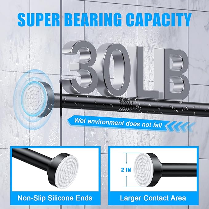 TEECK 2 Pack Shower Curtain Rod, 32-68 inch Adjustable Spring Tension Curtain Rod, Never Rust Anti-Slip Shower Curtain Rod for Bathroom, No Drilling, Never Collapse, Easy to Use, Black