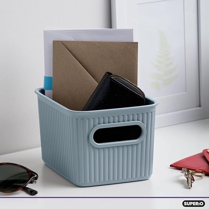 Superio Ribbed Collection - Decorative Plastic Basket Open Home Storage Bins Organizer, Small Blue (1 Pack) Container Boxes for Organizing Closet Storage Bins for Shelves Drawer Shelf 1.5 Liter