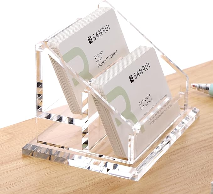 SANRUI Acrylic Business Card Holder, 2 Tier 2 Pocket Clear Business Card Stand ,Horizontal Business Card Display Stand for Exhibition, Home and Office