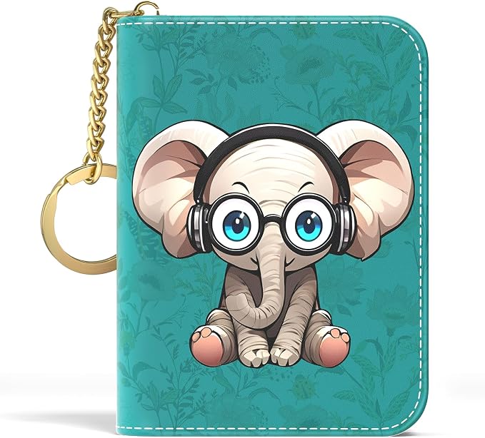 Aiawoxc Credit Card Holder, Small RFID Wallet Slim Leather Card Organizer Case with Zipper and Keychain, Pretty Elephant
