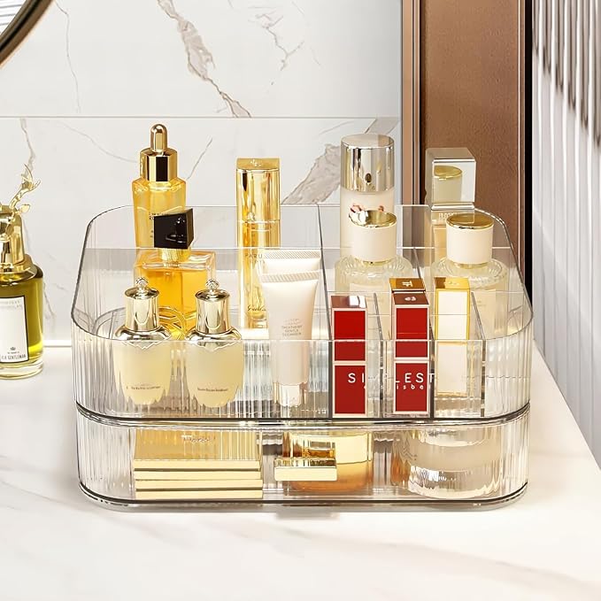 Clear Makeup Organizer for Vanity, Large Desk Organizer with Stackable Drawer for Cosmetics, Skincare, Lipsticks, Palette, Nail Care, Ideal Storage for Dresser and Bathroom Countertop