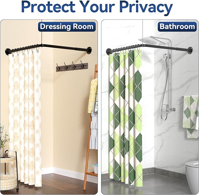 L Shaped Shower Curtain Rods, Adjustable (23''-69'' X 23''-69'') Corner Shower Rod with 12 Shower Curtain Rings, All 304 Stainless Steel, for Bathroom, Bathtub, Clothing Store, Need to Drill, Black