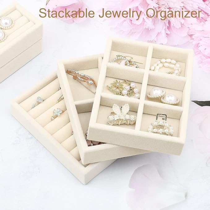 DesignSter Small Jewelry Tray-Ring Organizer 2PCS Premium Velvet Rings Earrings Display Tray Storage Insert Holder for Jewelry Box, Drawer, Dresser (6 Grids, Beige)