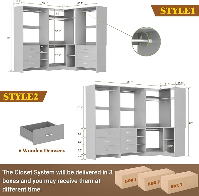 Aheaplus Closet System with 6 Drawers, 4 Hanging Rods & Corner Tower, Corner Closet System with Hanging, 86.8" L-Shaped Walk-In Wardrobe Organizer, 2000+ lbs Capacity, Set of 3, Grey