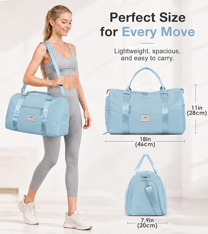 FIORETTO Womens Gym Tote Duffle Bag with Wet Pocket & Shoe Compartment, Sports Duffel Overnight Weekender Hospital Workout Carry on Bag for Girls, Ideal for Travel, Swimming, Dance, Ballet Light Blue
