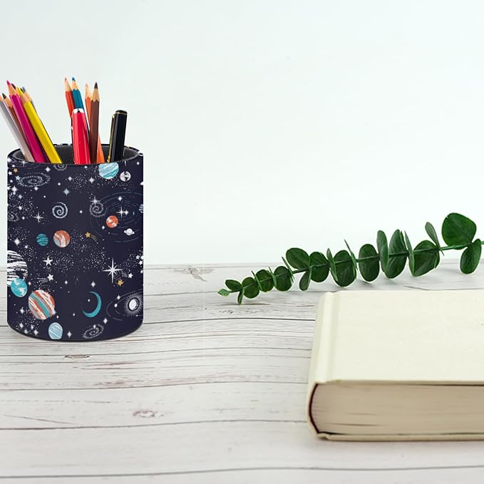Galaxy Space Planets Pen Holder Pencil Cup for Desk Organizer | Cute Makeup Brush Holder PU Multifunctional Office Suppliesfor Decor Home Classroom School