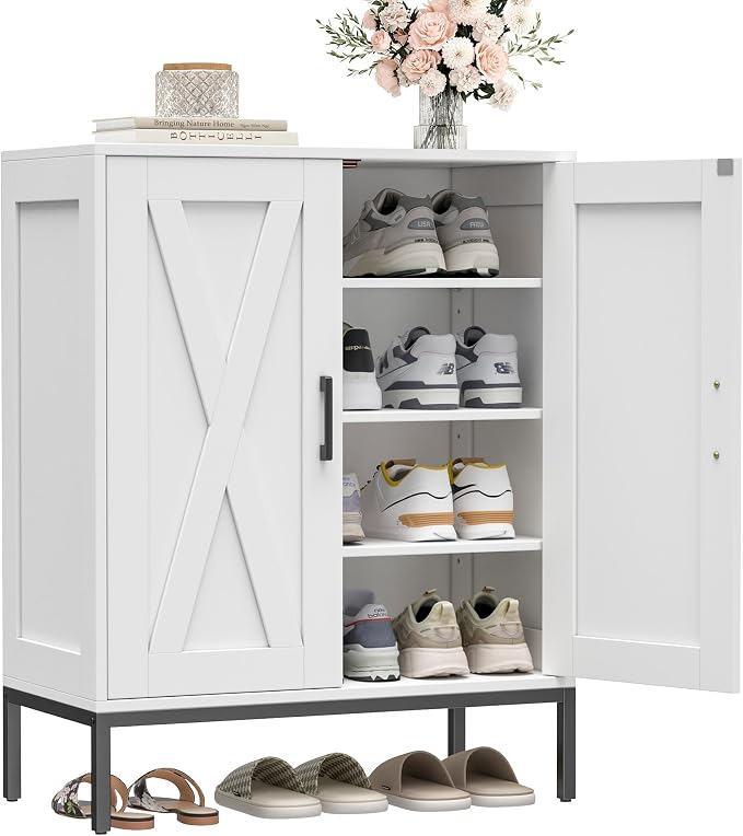 Homleke Farmhouse Shoe Cabinet with 2 Barn Doors & Metal Legs | Tall 4-Tier Shoe Storage Cabinet, 3 Adjustable Shelves, Shoe Rack Organizer, for Entryway, Hallway, Closet, White
