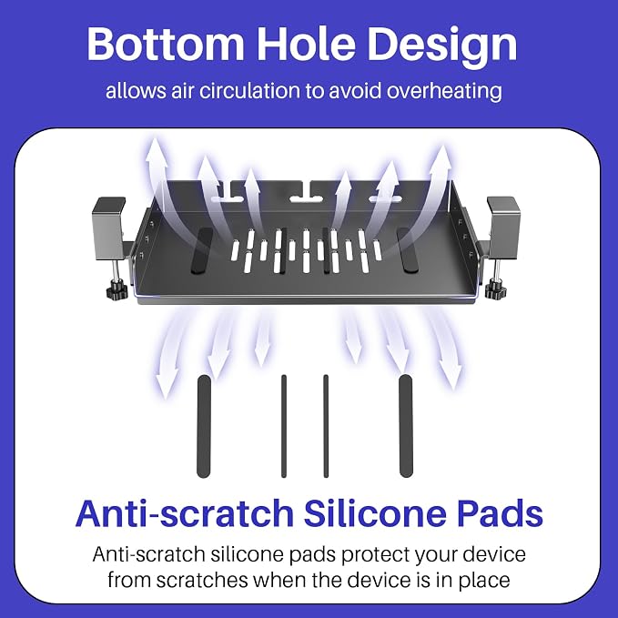 No Drill Under Desk Laptop Mount, Metal Under Desk Storage Shelf with Cable Management, Laptop Storage Tray for MacBook, Keyboard, Mac Mini, Anti-Scratch Silicone, Fits Office, Gaming, Workstations