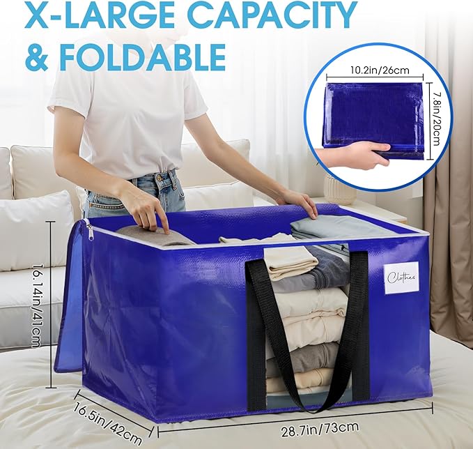 BlissTotes 4 Pack Moving Bags with Clear Window, Storage Bags with Strong Carrying Handles & Zippers,Large Packing Bags for Saving Space, Alternative to Moving Boxes(Blue,33 Gallon)